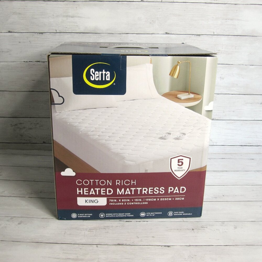 Serta Heated King Size White Quilted Mattress Pad Cotton Blend